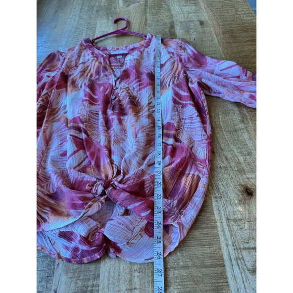 Kim Rogers Women's Pink Hawaiian Banana Leaf Henley Blouse Roll Tab Large - Picture 8 of 9